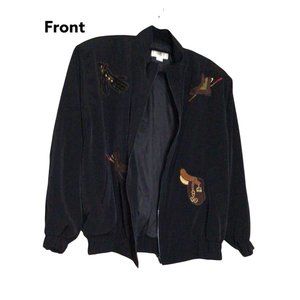 Women’s Bomber Jacket Black Patch Work Soft Shell Mock Neck Elastic Waist and Cu